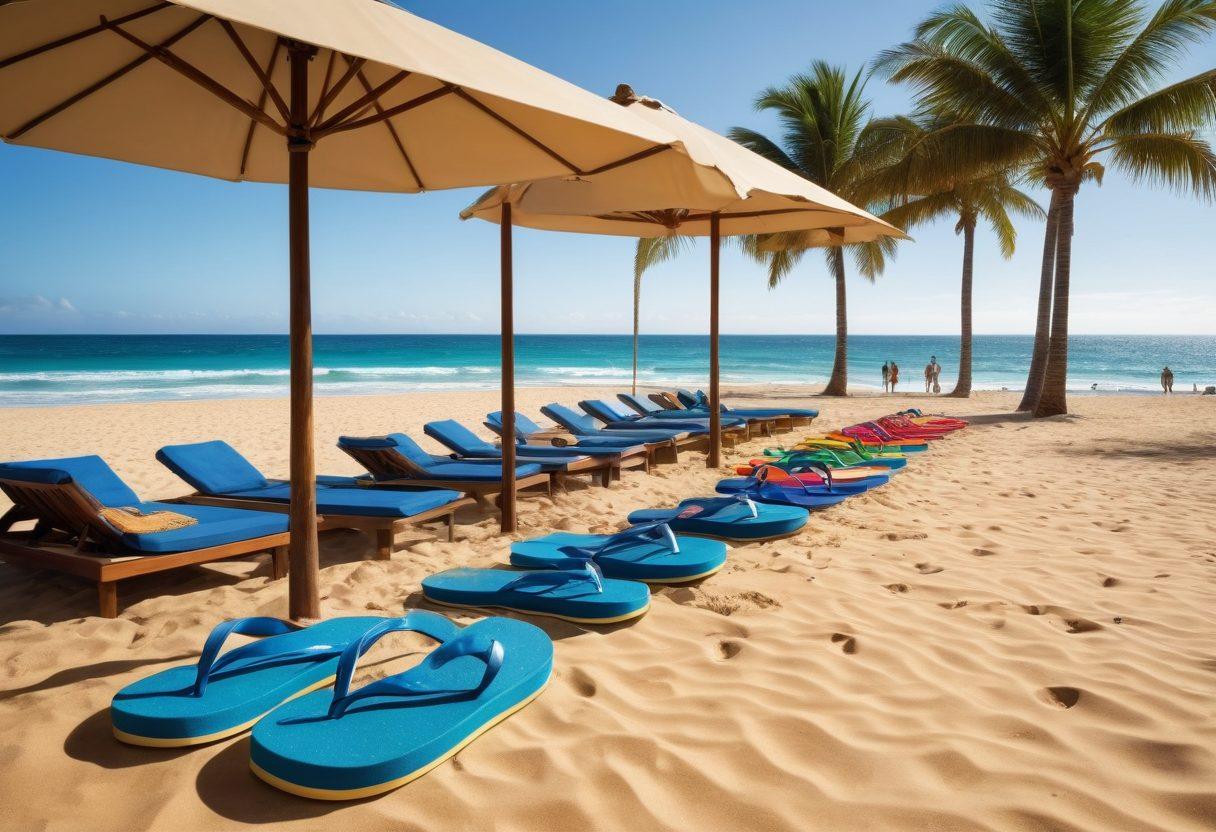 A dynamic scene showing a split landscape: on one side, a sunny beach with colorful beachwear items like flip-flops and sunglasses scattered in the sand, and on the other side, a sleek modern office with charts and graphs depicting wealth management. A character transitioning from relaxed beach vibes to a focused financial planner. Bright colors and engaging elements that connect leisure and financial health. super-realistic. vibrant colors.